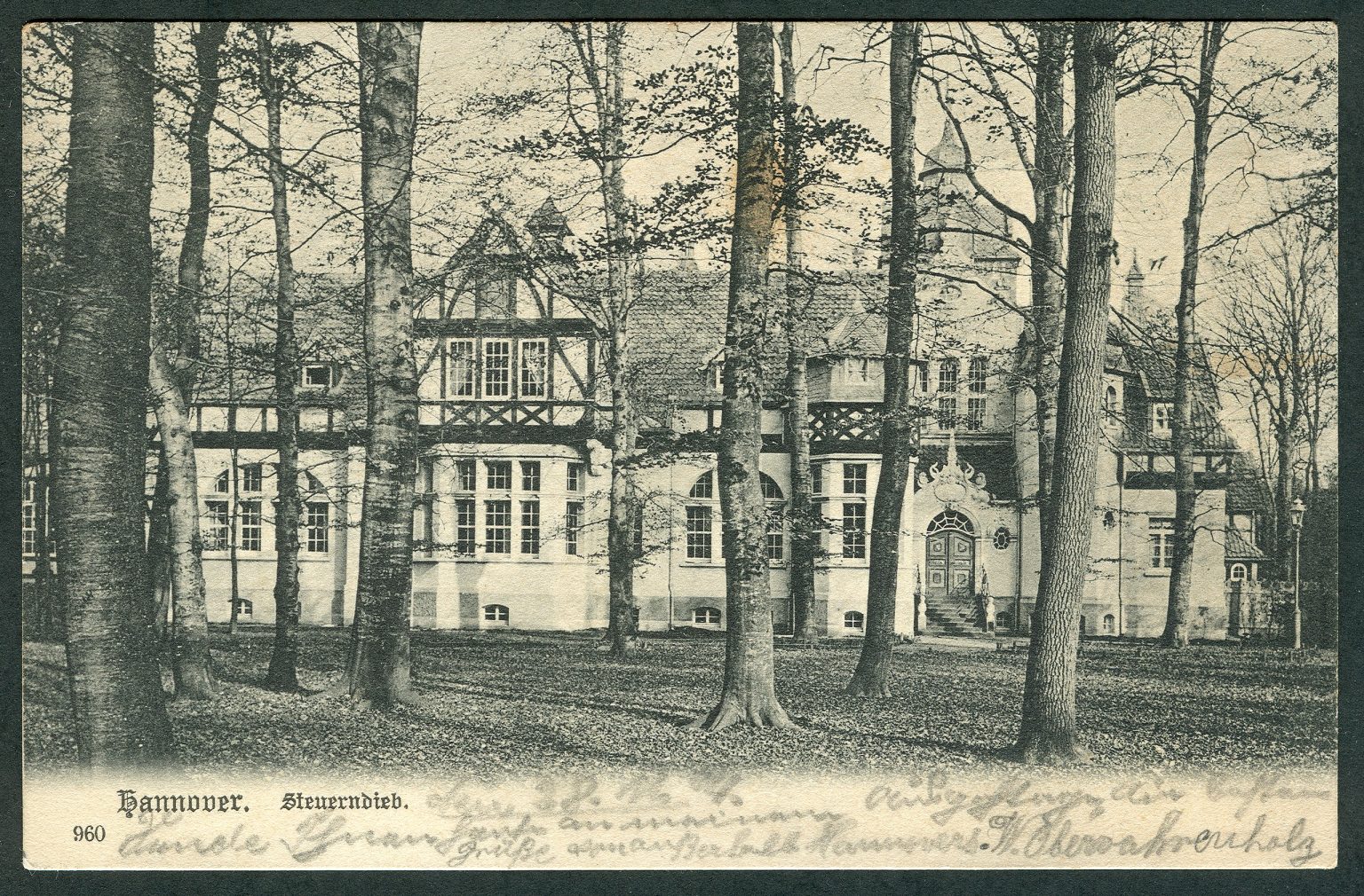 Historische Ansicht des Steuerndiebs im Henriettenviertel in Hannover, umgeben von altem Baumbestand